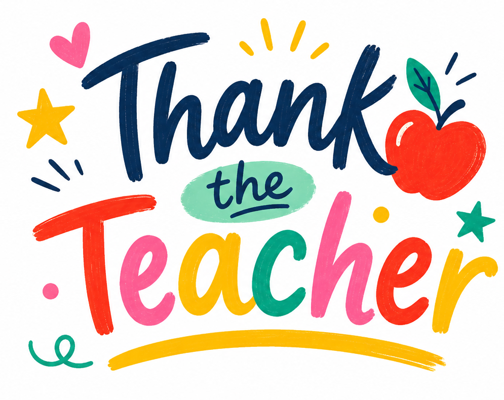 Thank the Teacher hand-lettered logo with an apple, hearts and stars